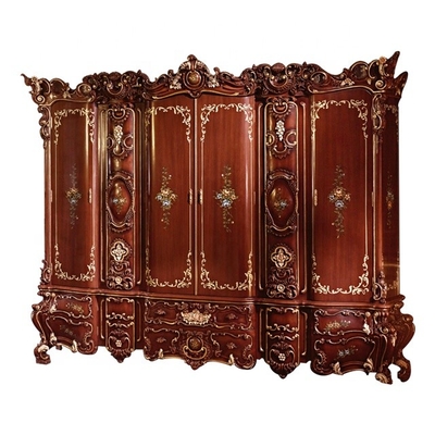 Placard de style européen de chambre à coucher sculpté à la main Armoire en bois rouge à quatre portes