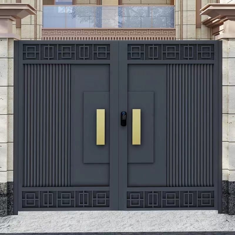 Décoration extérieure Entrée noire Porte d'entrée en acier inoxydable double Porte principale en fer forgé