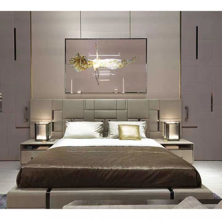 Lits à extrémité élevé d'acier inoxydable du Roi Size Bed Titanium de cuir véritable d'hôtel